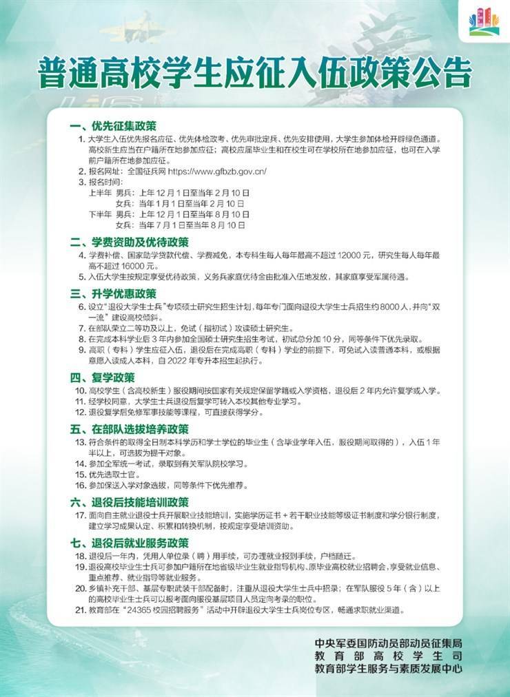 就业创业政策宣传周之普通高校学生应征入伍政策公告